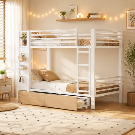 Hochbett 90 x 200 cm mit 4 Schubladen, LED und Kleiderschrank, weiß HAVRYA (1/5)