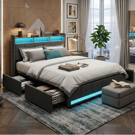 Creahappy Lit Double Adulte 160x200 cm avec LED et 4 Tiroirs, Tête de Lit avec Prise USB Type-C, Tissu Lin Gris Anthracite (1/5)