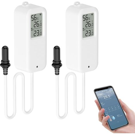 Thermometre Intérieur Exterieur, Wifi Thermomètre Connecté App Alarme, Exportation de Données Thermometre Frigo Moniteur, Convient pour Chambre, Aquarium, Réfrigérateur, Blanc avec écran 2 Pièce (1/5)