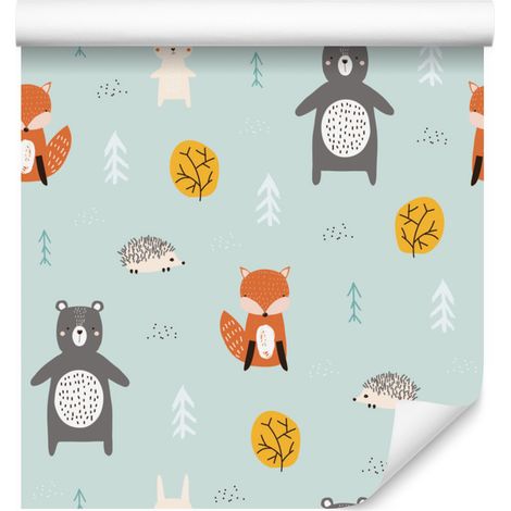 Carta da parati con animali del bosco dai colori pastello per soggiorno e camera da letto, 50x1000 cm (1/5)