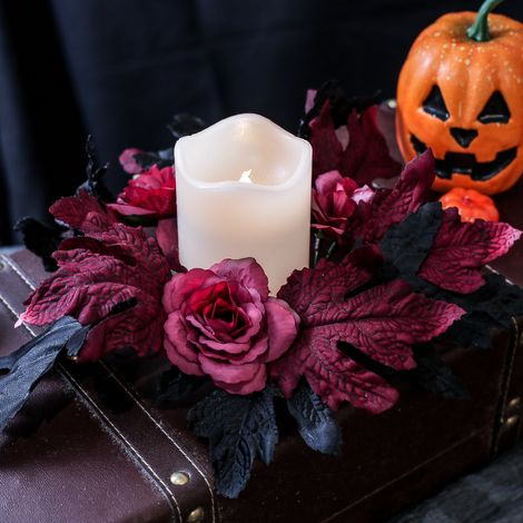 Dunkelrosenförmiger Kerzenhalter für Halloween-Kranz, Tischdekorationsring, Partyzubehör (1/4)