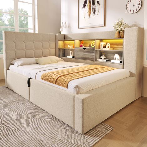 Cama con Arcón 90×200 cm, Cama Individual con LED Regulable, USB, Tipo C y Almacenaje en Cabecero, sin Colchón, Beige (1/5)