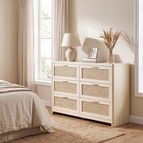 Commode de Chambre 6 Tiroirs, Meuble de Rangement Bohème, 120 x 40 x 80 cm, Beige (1/5)