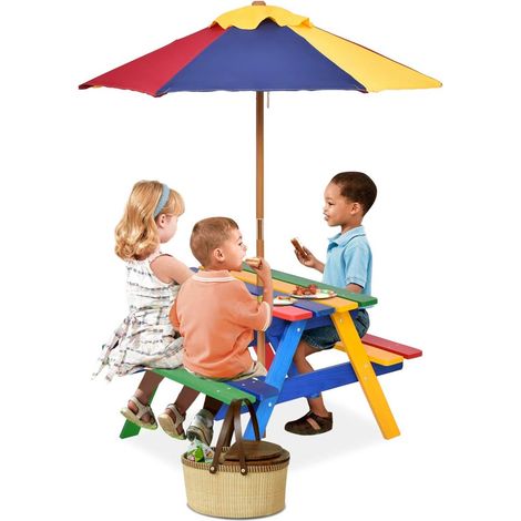 Goplus – Table de pique-nique en bois de sapin pour enfants avec parasol anti-UV 120cm – 4 couleurs vives – Ensemble table et bancs extérieur