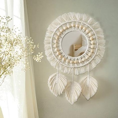 Miroir mural macramé bohéme beige, franges plumes perles bois (1/5)