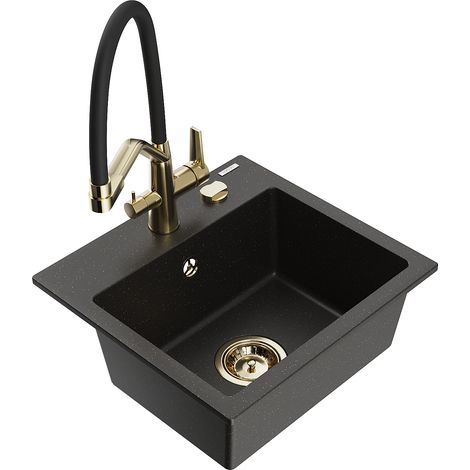 Mexen Milo lavello cucina in granito 1-vasca con miscelatore Duo, nero/oro metallico - 6505-75-671701-57-G (1/5)