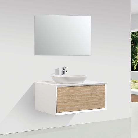 Stano. – Meuble bas de salle de bain 90 cm blanc mat – Chêne clair texturé – Tiroir Push-Open – Installation suspendue (1/5)