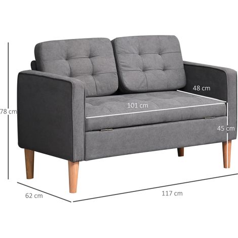 Canapé 2 places en tissu gris, bois d'hévéa et coton, coussins déhoussables, dimensions 117x62x78 cm, idéal petit salon, assise double confortable (1/5)