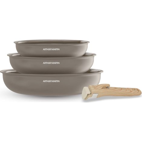 Arthur Martin – Set de 3 poêles antiadhésives 20/24/28 cm – Aluminium 2,5 mm – Poignées amovibles effet bois – Compatibles tous feux dont induction