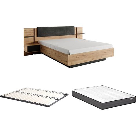 Letto con LED + Rete + Materasso + Comodini 160 x 200 cm Naturale e Antracite - ELYNIA