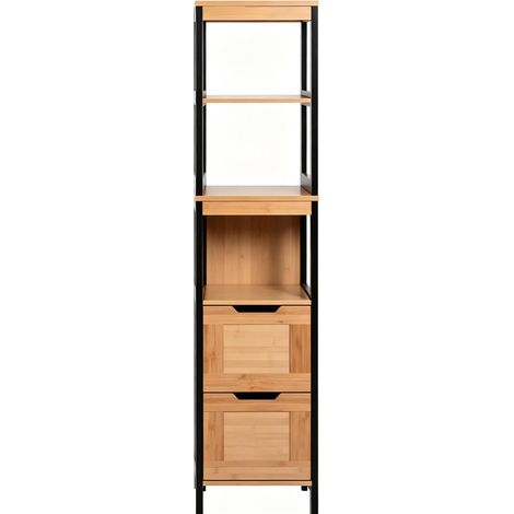 Mobiletto alto da bagno con 3 ripiani e 2 cassetti in bambù e MDF HOMVRA (1/5)