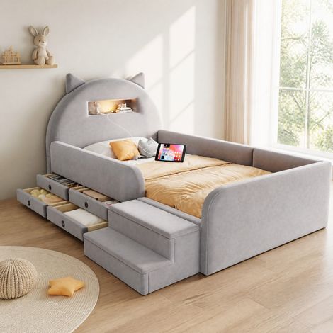 Cama infantil tapizada 90x200 cm con cajones, LED, USB, terciopelo gris claro DESVIAE (1/5)