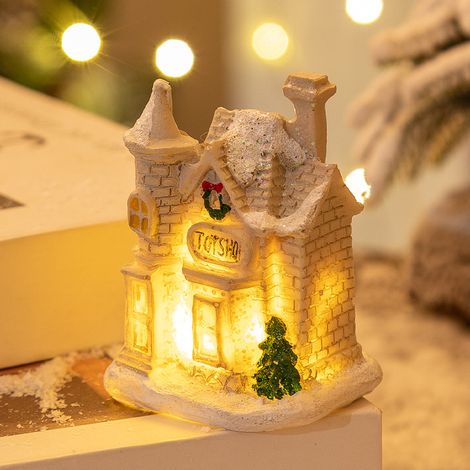 Décoration de Noël en résine avec maison miniature lumineuse LED, maison de village de Noël, décoration festive intérieure, style J