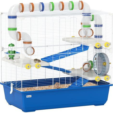 Hamsterkäfig mit 4 Ebenen. Kleintierkäfig mit Tunnelsystem. Hütte. Laufrad. für Zwerghamster. 78 x 45 x 73 cm. Blau (1/4)