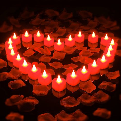 1000 Stück künstliche Rosenblüten mit 24 Stück flammenlose Herz geformt LED Teelichter Kerzen romantische Nacht Dekorationen für Hochzeit Jahrestag Tischdekoration (rot) (1/5)