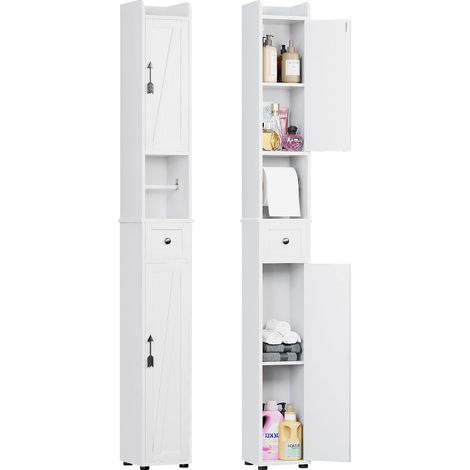 Meuble Colonne Salle de Bain 20 cm, Armoire de Rangement Étroite avec Tiroir et Étagères Réglables pour Meuble Salle de Bain Compact pour Petits Espaces, Cuisine, MDF, Blanc, 20x20x170cm (1/5)