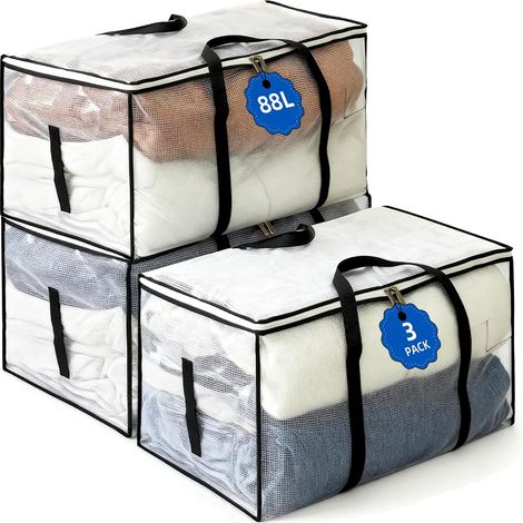 Lot de 3 Sacs de Rangement Vêtements 88L, Sacs de Déménagement XXL en PVC Renforcé 135 g/m², Transparent, Poignées Renforcées, Double Fermeture éclair Métal, Pliables (1/5)