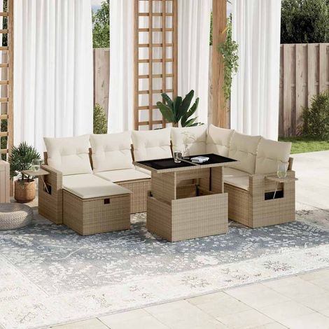 Ensemble Salon Jardin 8 Places Résine Tressée Beige avec Coussins Amovibles - Table Réglable et Design Modulaire (1/5)
