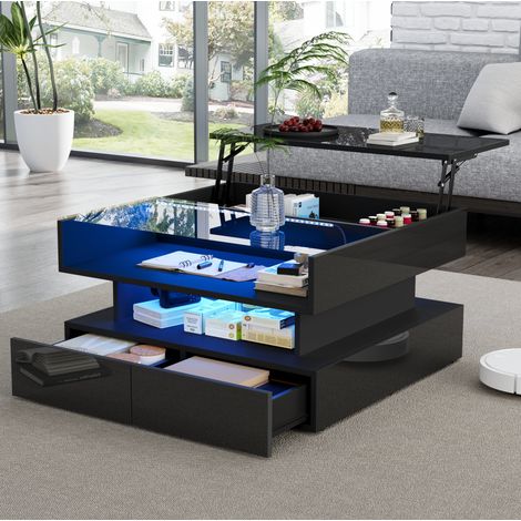 Table basse relevable 80 x 80 x 45 cm avec rangement, 2 tiroirs et LED HAVRYA (1/5)
