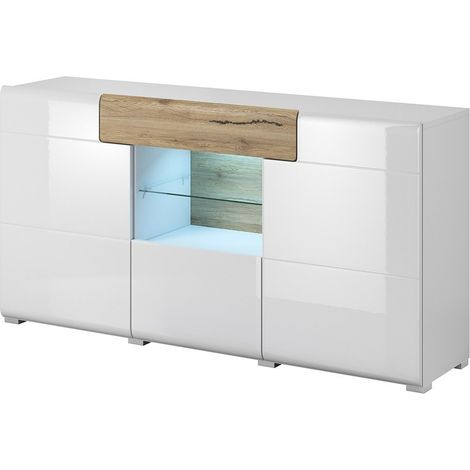 Buffet 160cm Kollektion OHIO. Farbe Weiß und Eiche. LED inbegriffen.