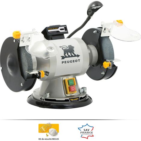 Peugeot – Touret à meuler 350W – Base pivotante 180° – Meules Ø150mm A36 et A60 – Éclairage LED orientable – Protection pare-étincelle réglable