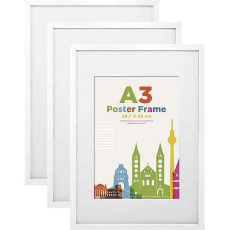 cadres photo A3 bois passe-partout verre acrylique, photos DIN A4, cadre certificats montage mural, 29,7 x 42 cm Cadre portrait, maison, bureau - Blanc (1/5)