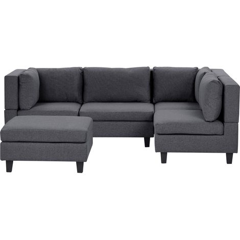 Corner Sofa Dark Grey Fabric Upholstered 4 Seater with Ottoman Modular Left Hand Orientation L-Shaped UNSTAD
