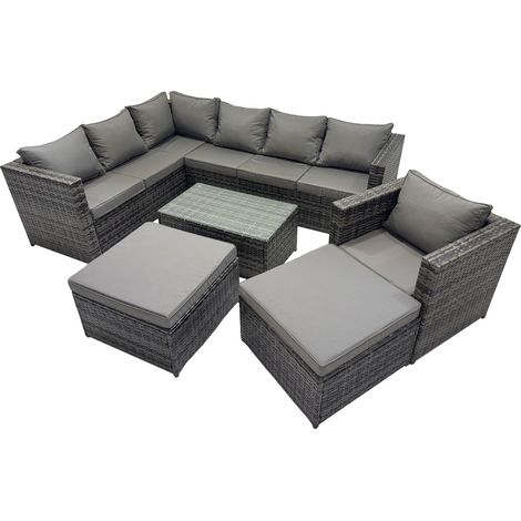 Fimous Outdoor Rattan Rectangular Coffee Table Corner Sofa Sets Garden Furniture Set with 2 Big Stools Dark Grey Mixed (1/5)