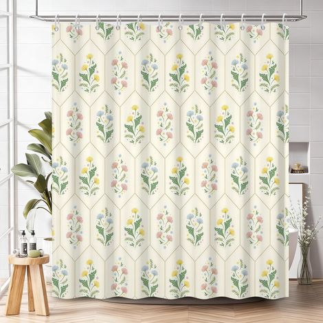 Cortina de ducha con estampado floral geométrico y ganchos, de 180 x 180 cm, confeccionada en tejido impermeable y decorada con flores silvestres. (1/4)