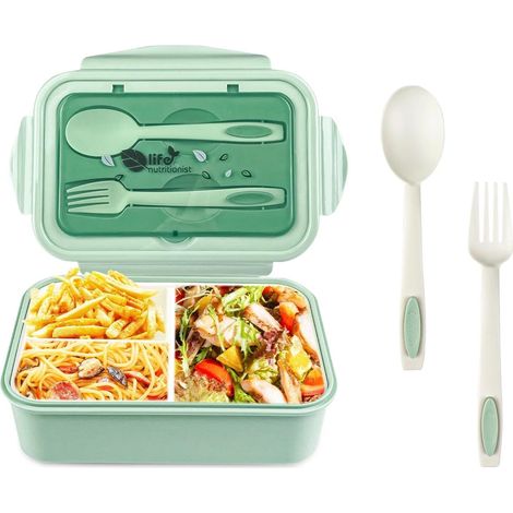 lunch box avec 3 compartiments et cuillère fourchette 1400 ml, bento étanche sans BPA, boite repas pour micro-ondes et Lave-Vaisselle, boîte repas pour adultes enfants travail scolaire, vert (1/5)