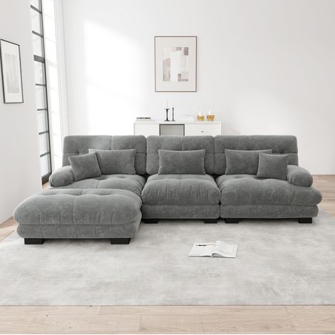 Sofá modular de salón con otomana y chenilla amplia gris OKMYHOME (1/5)