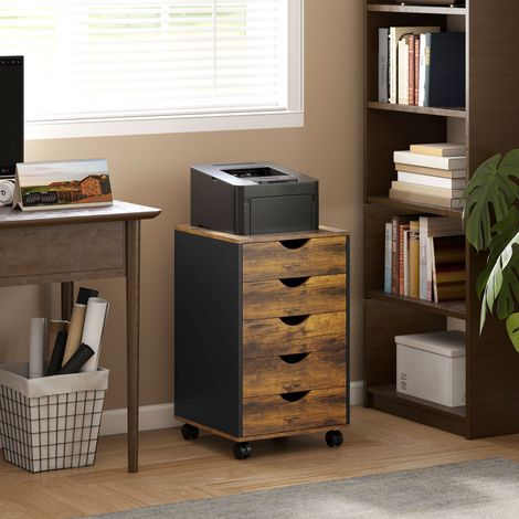 Caisson bureau mobile, meuble rangement sur roulettes avec 5 tiroirs, bois, 40 x 40 x 67 cm, marron (1/5)