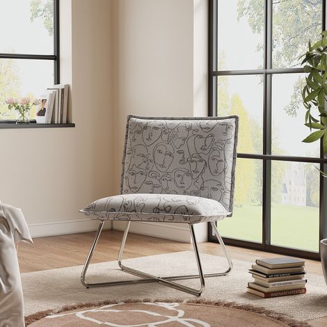 White Modern Linen Accent Chair with Metal Base (1/5)