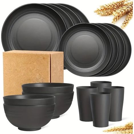 Service de vaisselle en polypropylène Léger et incassable 16 pcs noir (1/5)