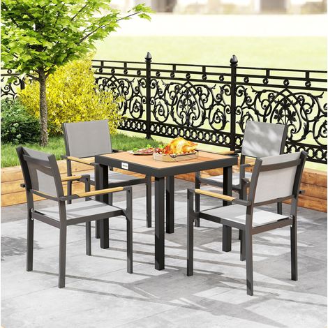 Tavolo da giardino in alluminio color legno naturale 78 x 78 x 74 cm, piano effetto legno, piedi regolabili antiscivolo (1/5)