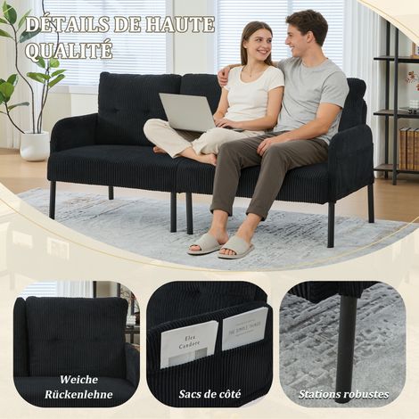 Canapé 3 places en tissu côtelé avec dossier haut, assise moelleuse, pieds métal et poches latérales pour salon, chambre, bureau (1/5)