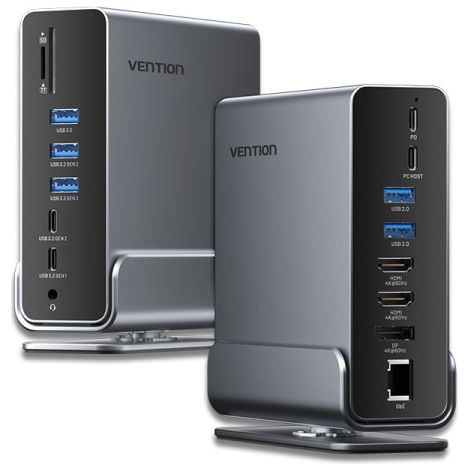 Vention Docking Station 15 en 1 USB-C a DisplayPort/2xHDMI/USB-C 3.2 Gen2/USB-C 3.2 Gen1/2xUSB 3.2 Gen2/USB3.0/2xUSB2.0/RJ45/SD/TF/3.5mm TRRS/PD 100W