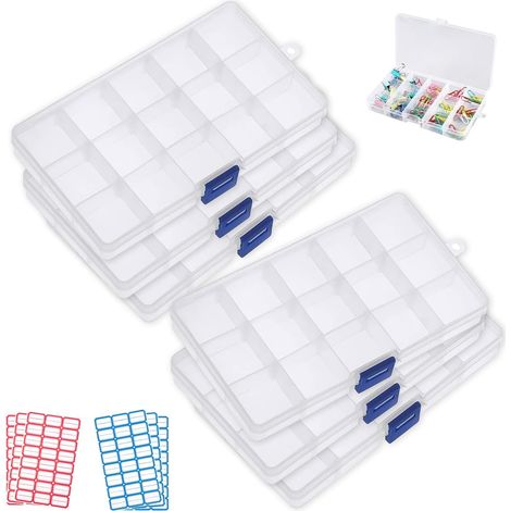 6 Boîte de Rangement, 15 Compartiments Ajustables, Plastique PP Transparent, pour Bijoux, Bricolage, Accessoires