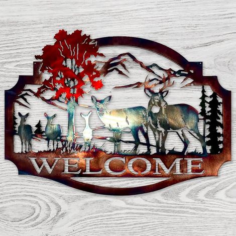 Décoration Murale en Métal avec Cerf de Bienvenue - Rustique pour Chalet de Chasse - Extérieur Colorée - 33 x 33 cm (1/4)