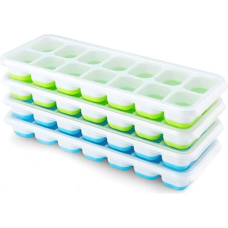 Ensemble de 4 bacs à glaçons en silicone, avec couvercle, peu encombrants et empilables, sans BPA, les glaçons carrés sont faciles à retirer, bleu/vert