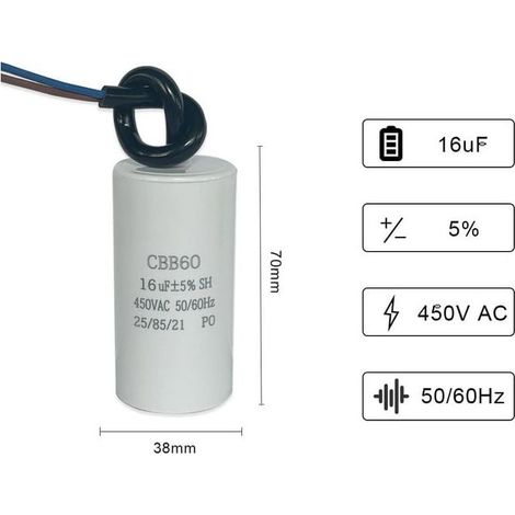 SNQ – Condensateur CBB60 16uF 450V 50/60Hz – Démarrage moteur électrique – Faibles pertes – Installation facile pour compresseurs et pompes