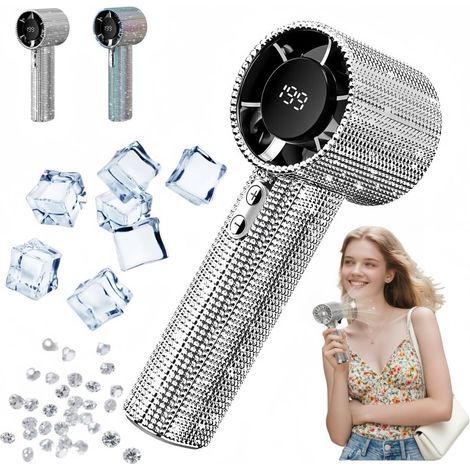 Mini Ventilateur à Main Bling Bling, Rechargeable avec Affichage Numérique-Argent