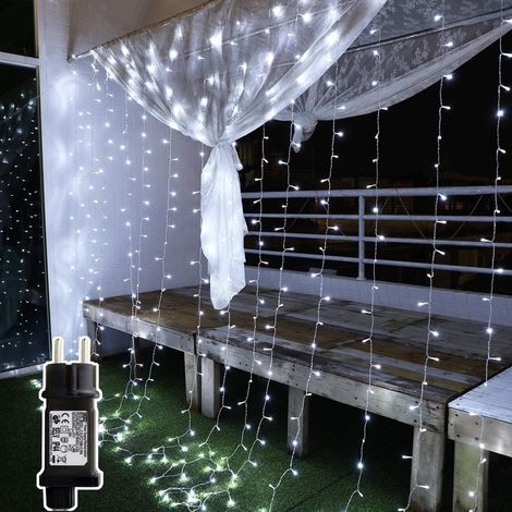 Rideau lumineux 3 x 3 m, 300 LED pour intérieur et extérieur, étanche IP44, 8 modes lumineux avec prise UE, guirlande décorative pour Saint-Valentin ou fête (blanc froid ou blanc chaud) (1/5)