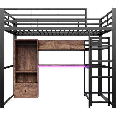 Letto a soppalco 140x200 cm in metallo e MDF nero con LED, scrivania, cassetti, scaffali e scala (1/5)