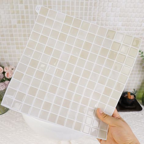 Lot de 10 autocollants muraux en vinyle mosaïque 3D imperméables à coller sur mur de cuisine, salle de bain, 25,4 x 25,4 x 25,4 cm (mélange de blanc) (1/5)