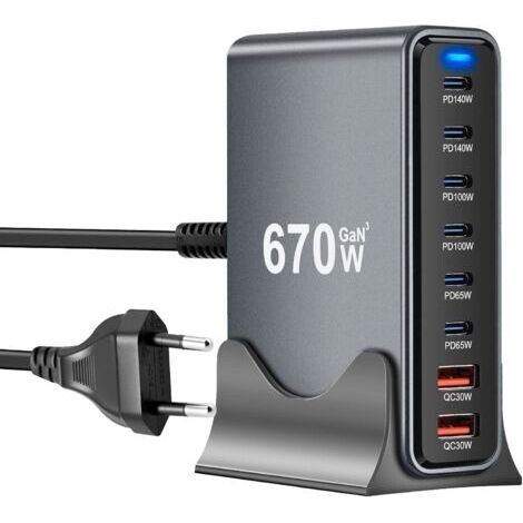 GaN III Chargeur 8 en 1 et 670 W USB C, chargeur rapide multiple avec 6 ports USB-C + 2 ports USB-A, Power Delivery, station de charge USBC pour MacBook Pro/Air, iPhone, iPad, Samsung plus (1/5)