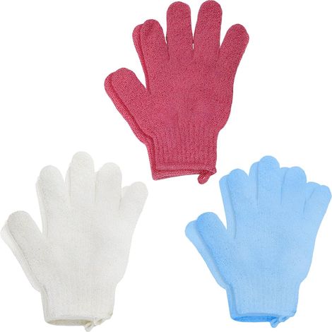 6x Gant Exfoliant Corps, Gant Gommage Corps avec cordon de suspension, Gants Exfoliants pour le corps, Gant de toilette exfoliant, Sensation de Spa Agréable Sans Savon Noir - Blanc, Rouge, Bleu