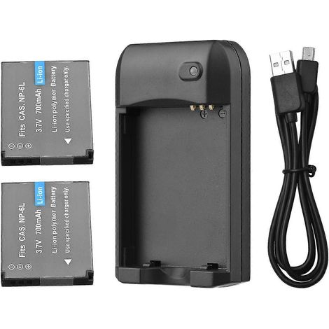 Caricabatterie NP-6L (con indicatore LED) + 2 batterie NP-6L (3,7 V 700 mAh), incluso cavo di ricarica USB.