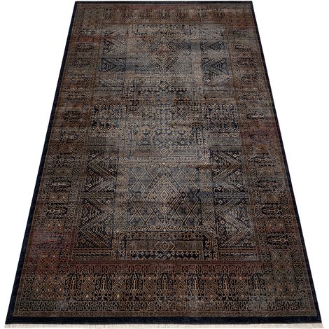 Tappeto in lana KESHAN frange, Telaio orientale 1251/53511 oro / blu scuro blue 80x145 cm