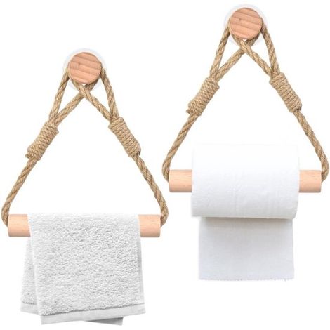 Set di 2 porta rotoli di carta igienica in corda di iuta naturale - Non è necessaria la foratura - Porta rotoli di carta igienica vintage in legno per cucina e bagno (1/5)